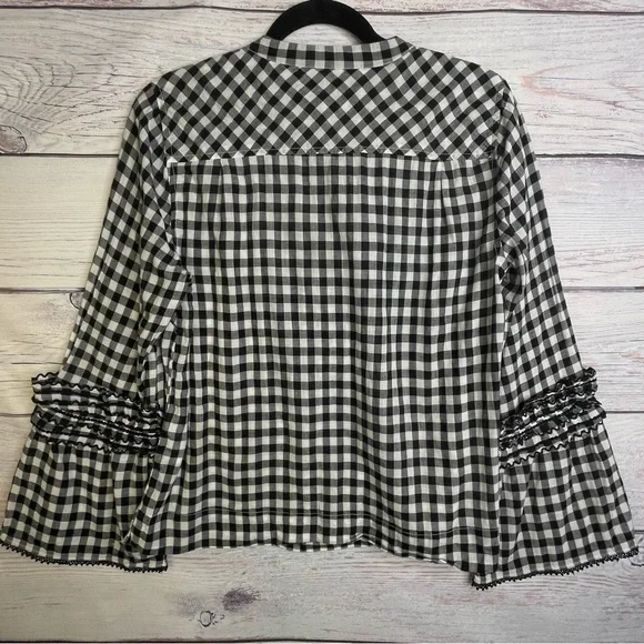 J Crew Gingham Blouse Size 10 Bell Sleeve Ruffles Cotton - Picture 4 of 16